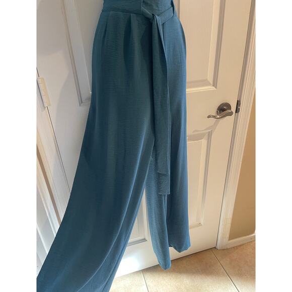 Blue Wide-Leg High-Waisted Tie-Front Pants – Size Large – Flowy Minimalist Chic - Picture 8 of 10